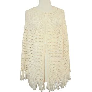 Vintage 1970’s Cream Crochet Cape with Fringe and Irridescent Button Down Front